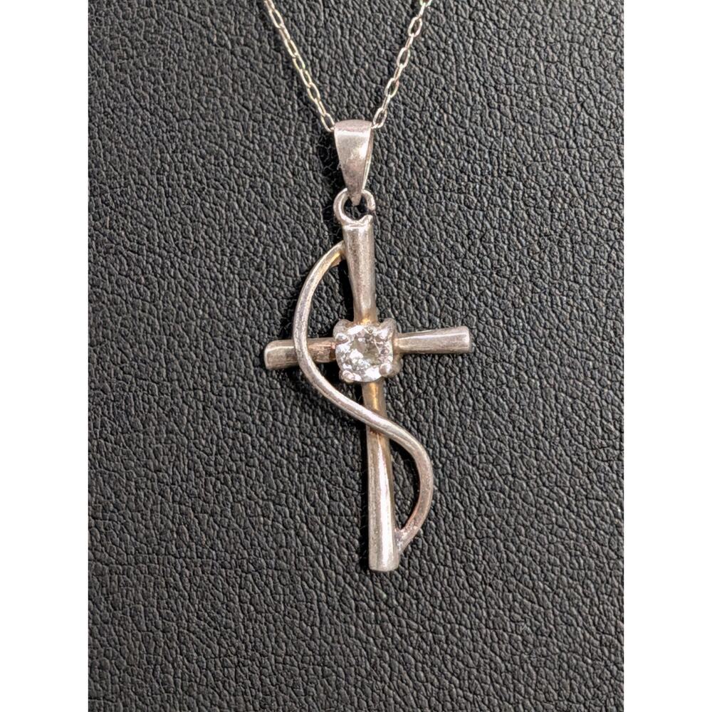 Vintage Cubic Zirconia Draped Cross Pendant Necklace 925 Sterling Silver 20"